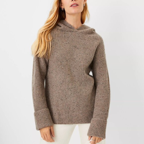 NWOT Ann Taylor Flecked Cashmere Ribbed Hoodie Thick - Picture 1 of 14